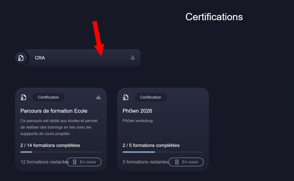 Suivi des certifications en cours sur DVID Experience avec état d'avancement par parcours