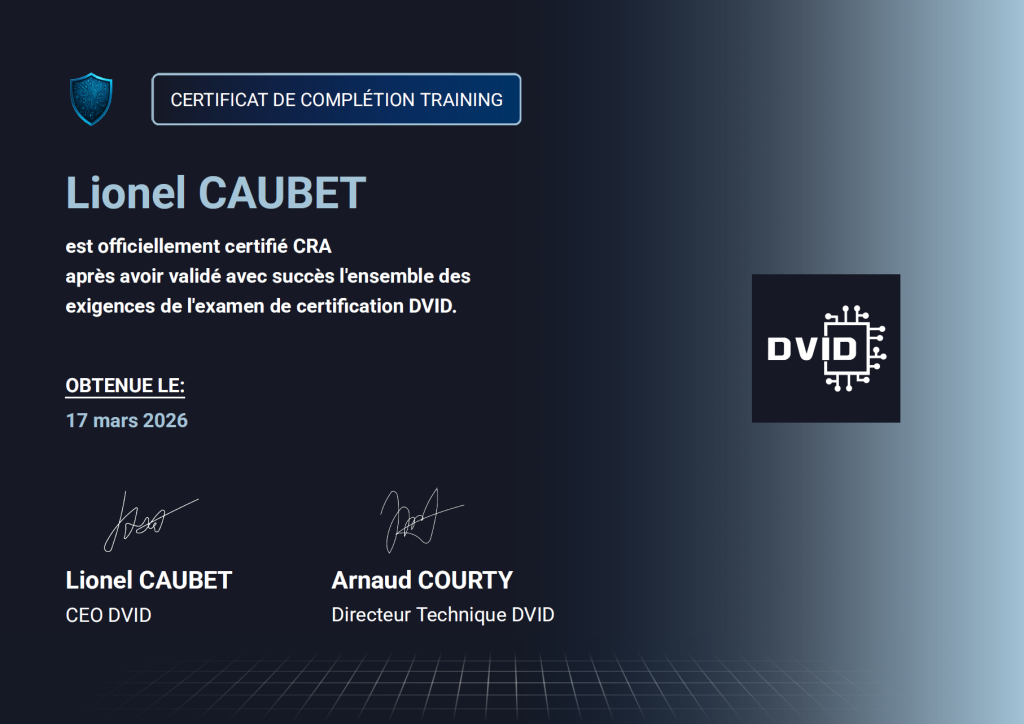 Exemple de certificat de complétion délivré par DVID Experience après validation d'un parcours de formation