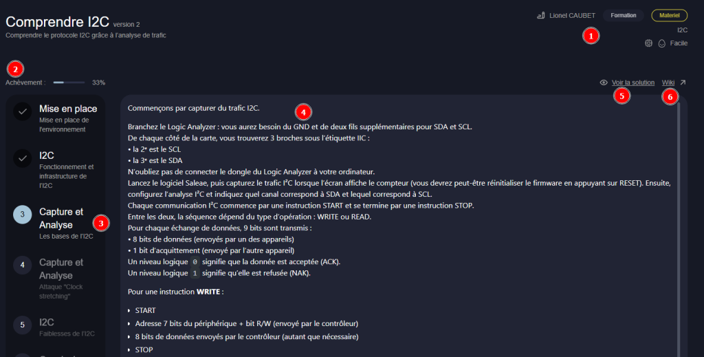 Interface de suivi d'un training cybersécurité IoT sur DVID Experience - étapes, progression et contenu pédagogique