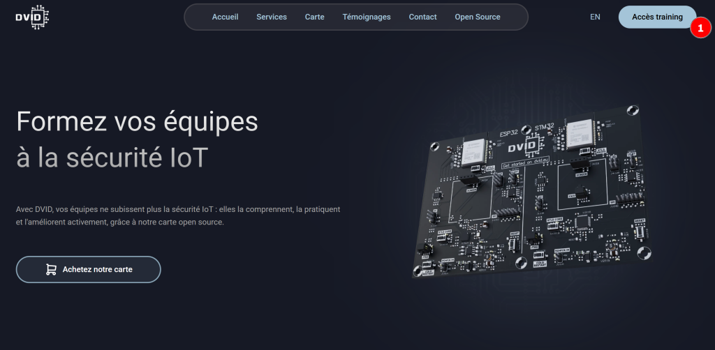 Site dvid.eu avec le bouton Accès training pour rejoindre la plateforme de formation cybersécurité IoT
