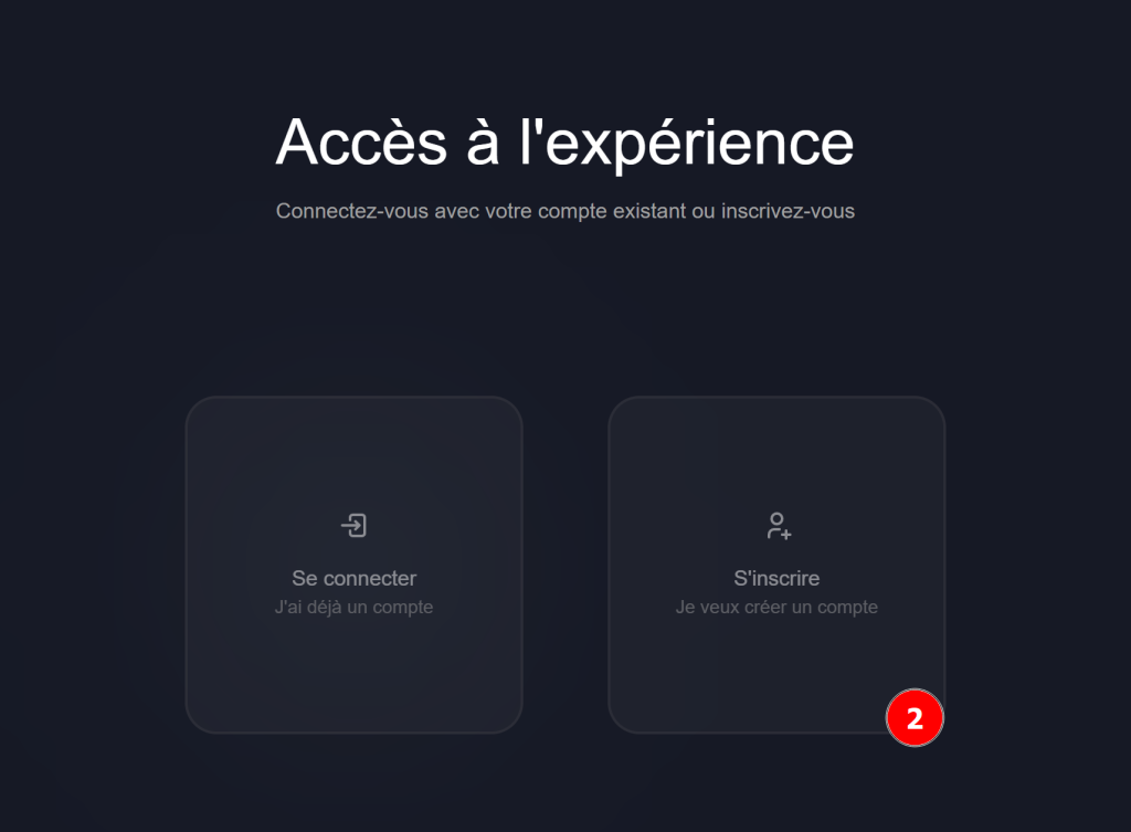 Page de connexion DVID Experience avec le bouton S'inscrire pour créer un compte gratuit