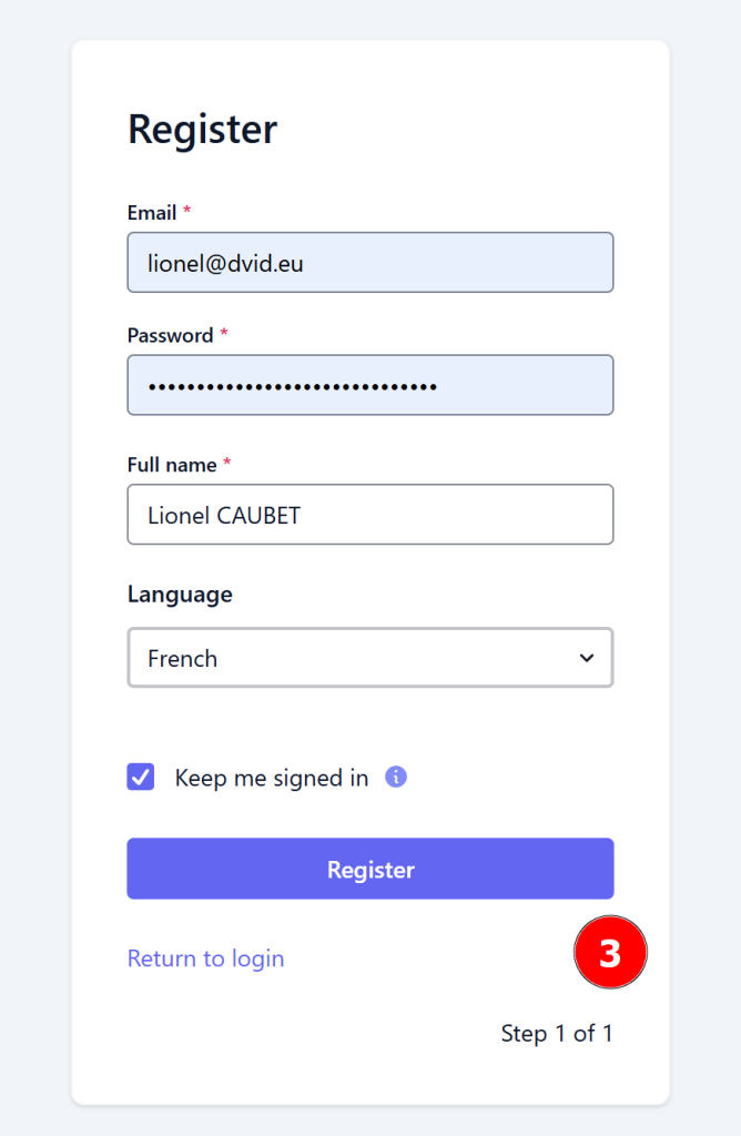 Formulaire de création de compte DVID Experience avec champs d'inscription